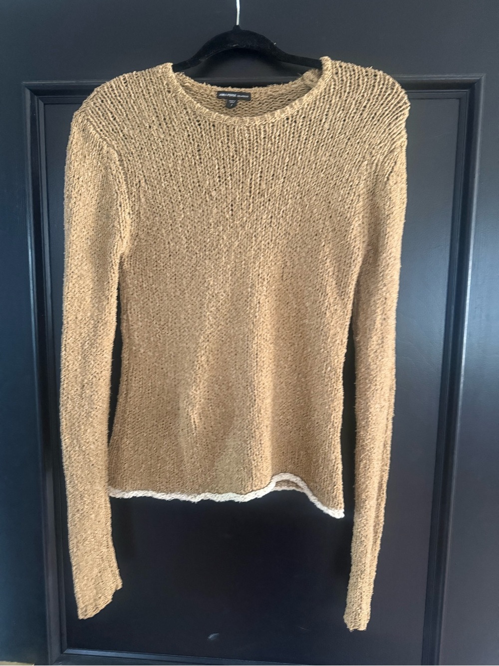 James Perse Tan Knit Crewneck Sweater with White Hem Trim